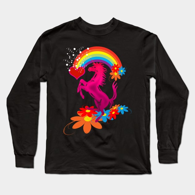 unicorn 1 pink rainbow and flowers tshirts Long Sleeve T-Shirt by AmandaRain